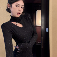 2026纯欲镂空挂脖上衣女秋冬半高领烫钻磨毛加绒打底衫内搭可外穿