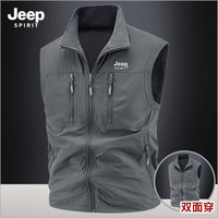 JEEP SPIRIT 男士户外加绒摄影背心多口袋双面穿马甲