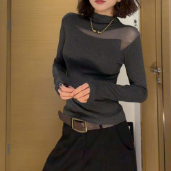 现货 速发）2026春秋新款半高领网纱修身显瘦打底长袖衫T恤女上衣