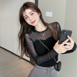 黑色拼接网纱打底衫女秋季新款性感时尚长袖t恤修身热辣上衣33225