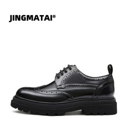 JINGMATAI男士头层开边珠牛皮时尚商务休闲布洛克皮鞋厚底男鞋