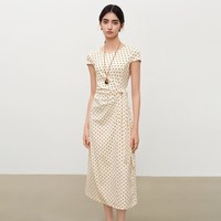 自巧 小个子蓝色掐腰收褶中长款连衣裙女圆领短袖2026夏季新款裙子