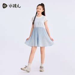 水孩儿 儿童半袖裙2026夏季新品大童连衣裙女童甜美风假两件百褶裙