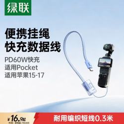绿联 便携手绳数据线 PD60W 二合一Type-C快充线 0.3米