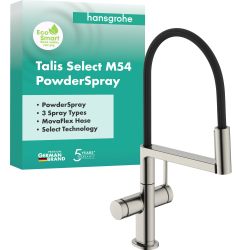 Hansgrohe 汉斯格雅 Talis Select M54 PowderSpray - 厨房水龙头带可伸缩淋浴,SemiPro,3 种喷头类型,厨房水龙头高度210毫米,旋转厨房混合龙头,不锈钢表面,72861800