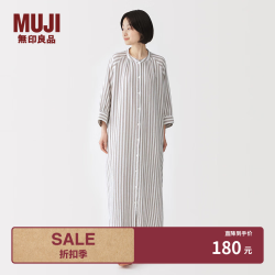 無印良品 MUJI 女式 杨柳纱织 五分袖连衣裙 睡裙女26年春夏女装 纯棉 FD1NWC6S 米色条纹 S （155/80A）