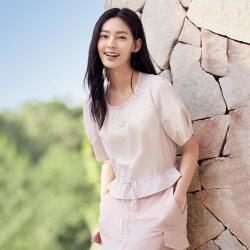 FILA 女装运动T恤女士U型领荷叶边抽绳防晒梭织短袖衫