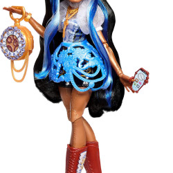 Monster High 娃娃,蓝色衬衫的 Robecca 蒸汽和黑色短裤,带宠物企鹅队长 Penny 和 7 个配件,如飞行护目镜和钱包