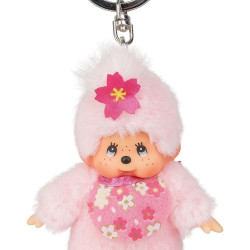 sekiguchi 242467 - 原装 Monchhichi 蒙奇奇女孩 樱花,粉红色毛绒制成,带围兜和辫子,钥匙扣,约10厘米