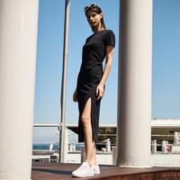 FILA 女装连衣裙女士时尚休闲百搭开叉显瘦修身圆领针织短袖连衣裙