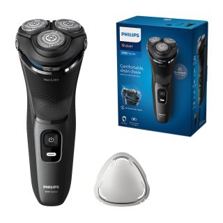 Philips 飞利浦 Shaver 系列 3000 – 男士电动干湿两用剃须刀,采用 SkinProtect 技术,煤黑色,配有可折叠剃须刀,无线(型号 S3145/00)