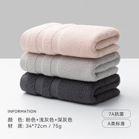 SANLI 毛巾 7A纯棉抗菌毛巾加厚柔软顺滑吸水速干成人男女家用擦脸巾 粉色+浅灰色+深灰色