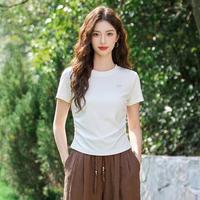 真维斯 简约百搭刺绣圆领短袖T恤女夏季褶皱收腰显瘦T恤