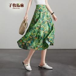 子牧棉麻 5269 印花松紧腰 森绿 M 半身裙