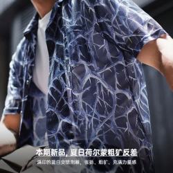 马登 美式复古宽松网眼透气衬衫古巴领透气印花短袖上衣男装夏