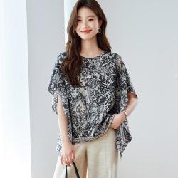 SRCR 复古印花真丝T恤女高级感遮肉显瘦短袖上衣