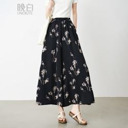晚白 碎花裙裤2026夏款时尚遮肉显瘦裤裙百搭飘逸轻薄大摆休闲阔腿裤女 黑色