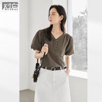 DUIBAI 女式短袖衬衫 夏装简约V领空气感泡泡袖