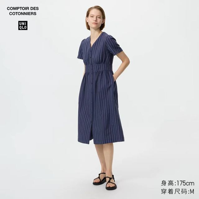 优衣库 麻混纺条纹V领连衣裙/短袖优衣库女装合作款/裙子485751