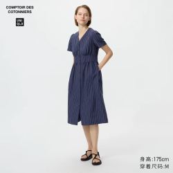 优衣库 麻混纺条纹V领连衣裙/短袖优衣库女装合作款/裙子485751