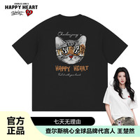 CHARLES JANG'S HAPPY HEART 短袖T恤男女款 爱心猫虎印花休闲圆领宽松棉质打底衫 黑色 2XL