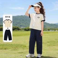史努比 2026新款夏季薄款短袖T恤女孩洋气工装长裤子女童两件套装