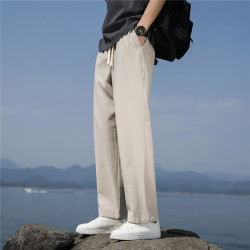 月伊纺 夏季新款宽松直筒棉麻休闲裤男大码束脚九分裤青年100%纯棉阔腿裤