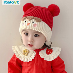 italovt 婴幼儿秋冬季毛线帽可爱保暖护耳男女宝宝新年大红冬天加厚帽子