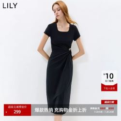 LILY 莱赛尔混纺方领不对称收腰气质纯色短袖连衣裙