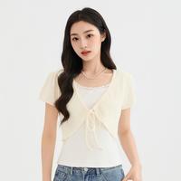 三福 短T恤2026夏季字母绣花可拆卸条纹披肩上衣女装525800