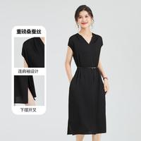 金菊 19姆米爆款高级美裙!重磅桑蚕丝连肩袖纯色开叉连衣裙夏