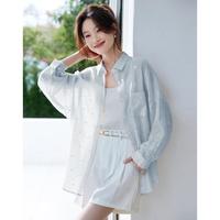 爱依莲 小众遮阳衬衫外套女夏款休闲宽松薄款外搭小碎花长袖衬衣上衣