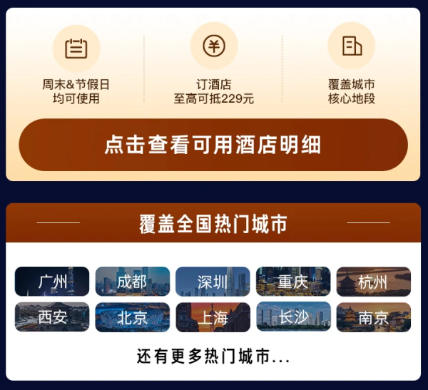 希尔顿集团欢朋品牌全国200+门店通用抵扣券