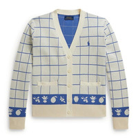 RALPH LAUREN Girls 7-16 Windowpane Cotton V-Neck Cardigan