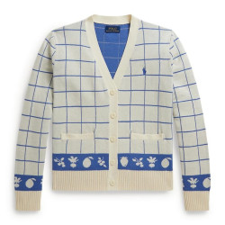 RALPH LAUREN Girls 7-16 Windowpane Cotton V-Neck Cardigan