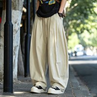 月伊纺 夏季宽松直筒休闲裤男士棉麻弯刀裤白色阔腿裤青年100%纯棉山本裤