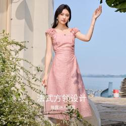 香影 夏装掐腰无袖连衣裙女木耳边海边方领南法庄园裙