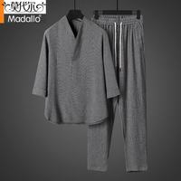 莫代尔 高档棉麻休闲家居服男运动透气夏季中国风V领修身中年爸爸两件套 422灰色套装 4XL