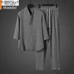 莫代尔 高档棉麻休闲家居服男运动透气夏季中国风V领修身中年爸爸两件套 422灰色套装 4XL