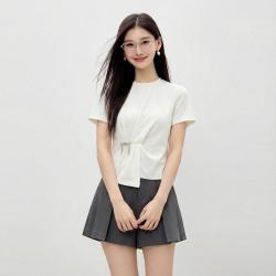 秋水伊人 时尚正肩收腰T恤女休闲圆领抽褶设计上衣