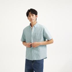 热风 男士衬衫短袖上衣2026年夏季新款白色牛津纺短衬竖条纹衬衣