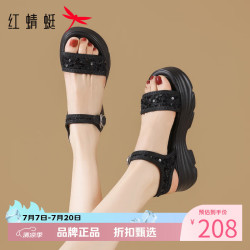 红蜻蜓 女鞋亮片绑带凉鞋 夏季轻便一字带凉鞋休闲百搭女士增高显瘦凉鞋