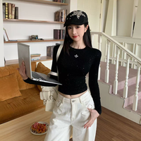 十字架满天星闪钻长袖T恤打底衫女 秋冬内搭外穿修身显瘦常规上衣
