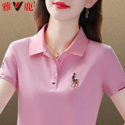 雅鹿 95棉短袖女夏季新款翻领洋气妈妈T恤上衣休闲运动POLO衫大码