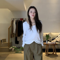HHYB Hello HHYB 春季新品长袖百搭休闲慵懒风U领宽松T恤女下摆开衩7336