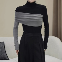 梦优莱春秋冬小众撞色长袖T恤加绒加厚打底衫女设计感半高领上衣