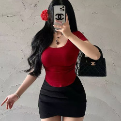 百搭设计感简约夏季修身纯色百搭u领短袖T恤红色女显瘦上衣8410
