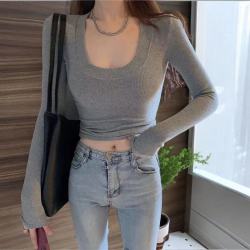 打底衫女秋冬季新款韩版U领修身显瘦上衣螺纹弹力辣妹内搭长袖t恤