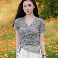 百搭洋气不规则扎染v长袖T恤女士春夏时尚短款抽绳设计感上衣潮