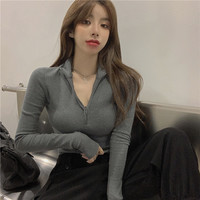 秋冬季打底衫拉链长袖T恤女修身显胸大小心机短款露脐高腰上衣潮